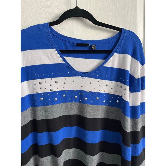 ONQUE Casuals 2X Navy Turquoise Gray Top 3/4 Sleeve Stretch Cotton Spandex Woman - Picture 3 of 4